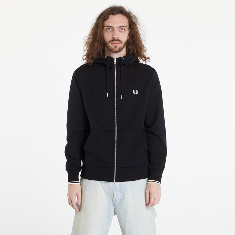 Pulóver FRED PERRY Hooded Zip Through Sweatshirt Black M-alacsony-ár