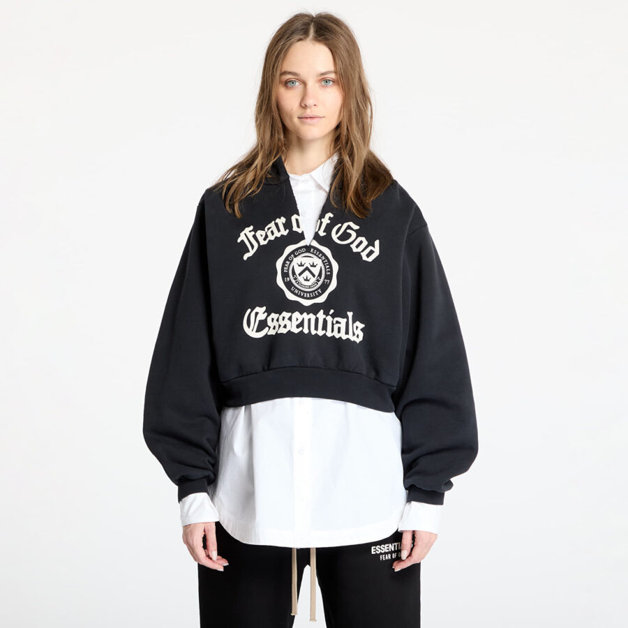 Pulóver Fear Of God ESSENTIALS Heavy Fleece Cropped V-Neck Hoodie Black S-alacsony-ár
