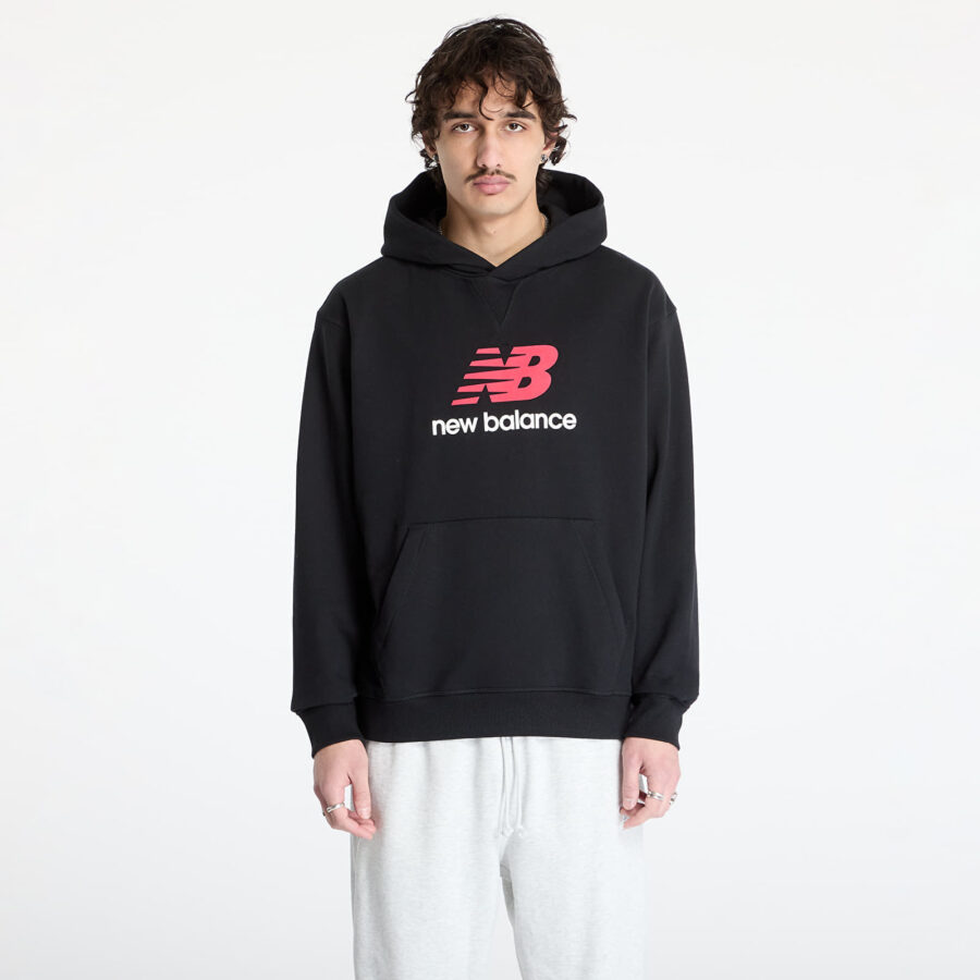 Pulóver New Balance Athletics French Terry Logo Hoodie Black S-alacsony-ár