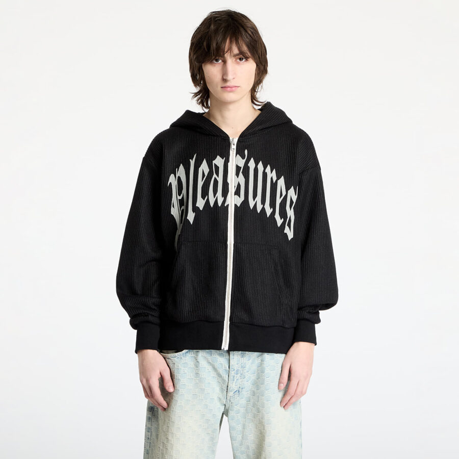 Pulóver PLEASURES Twitch Knitted Zip Hoodie Black S-alacsony-ár