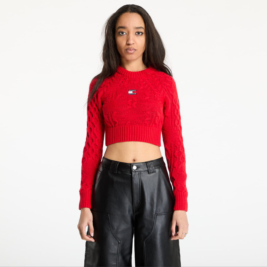 Pulóver Tommy Jeans Badge Star Cable Sweater Red L-alacsony-ár