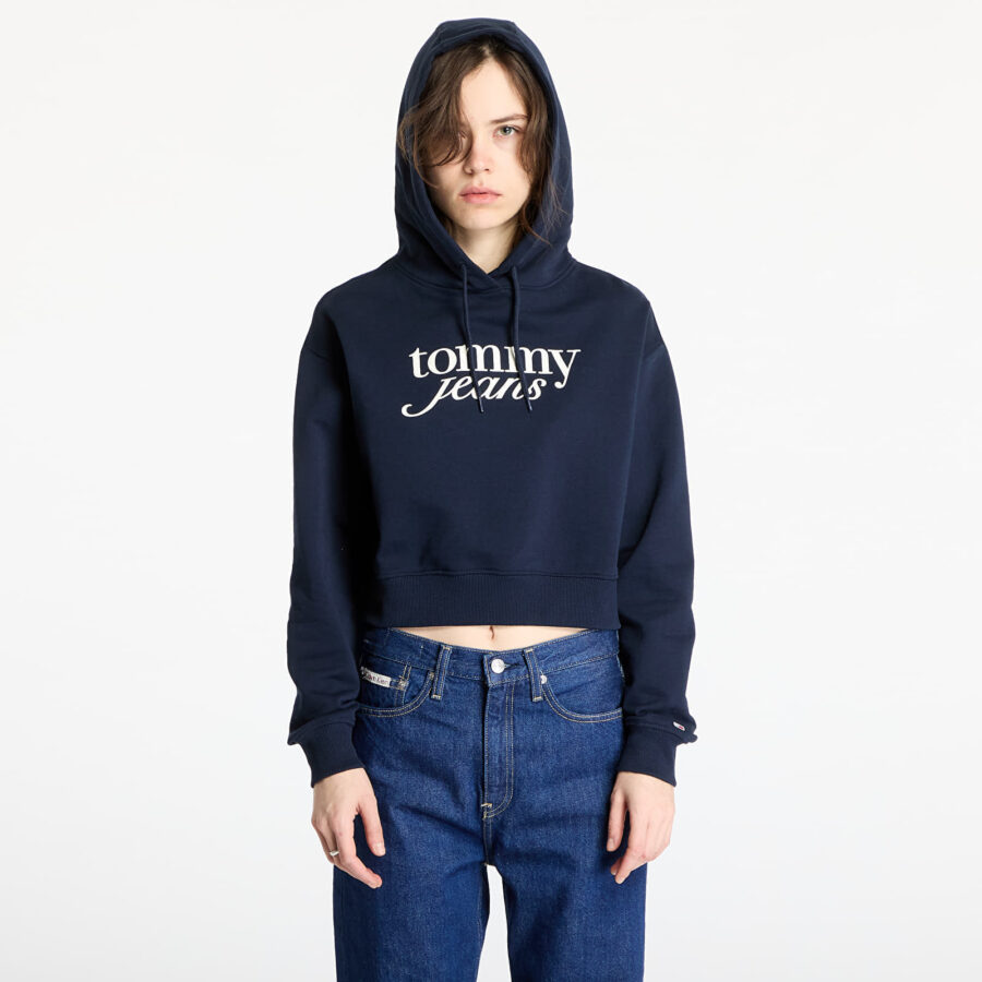 Pulóver Tommy Jeans Relaxed Cropped Script Hoodie Blue XS-alacsony-ár