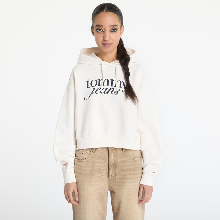 Pulóver Tommy Jeans Relaxed Cropped Script Hoodie White L-alacsony-ár