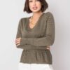 RUE PARIS Khaki pulóver V-nyakkal