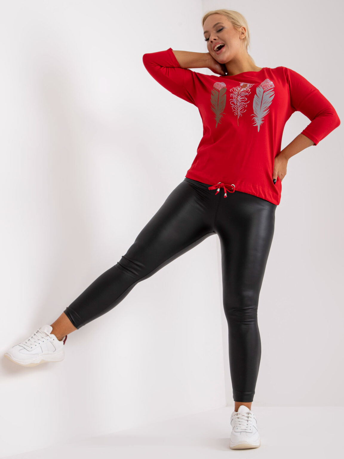 Red blouse for everyday wear with a round neckline