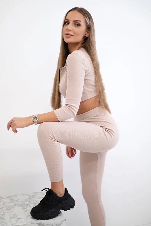 Ribbed crop top set light beige