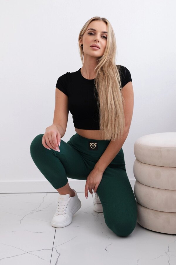Ribbed high-waisted leggings in dark green