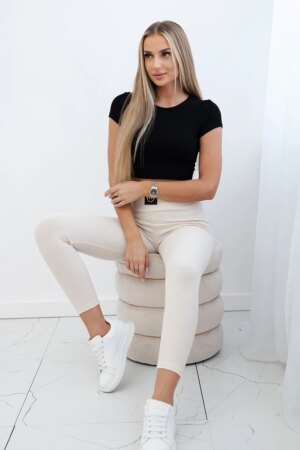 Ribbed leggings with high waist light beige