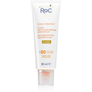 RoC Soleil Protect Anti Brown Spots Unifying Fluid Tinted tonizáló fluid amely egységesíti a bőr tónusait SPF 50 C-vitaminnal 50 ml-ár