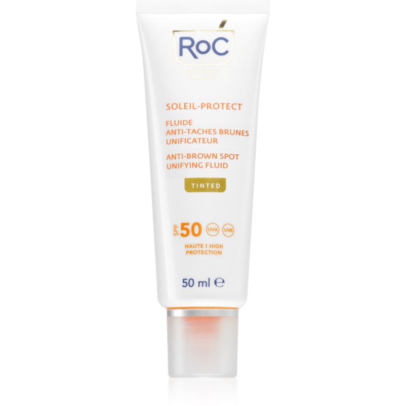RoC Soleil Protect Anti Brown Spots Unifying Fluid Tinted tonizáló fluid amely egységesíti a bőr tónusait SPF 50 C-vitaminnal 50 ml-ár
