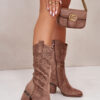 S. BARSKI Női Cowboy csizma kivágásokkal tömbsarkú Eco Suede barna S.Barski