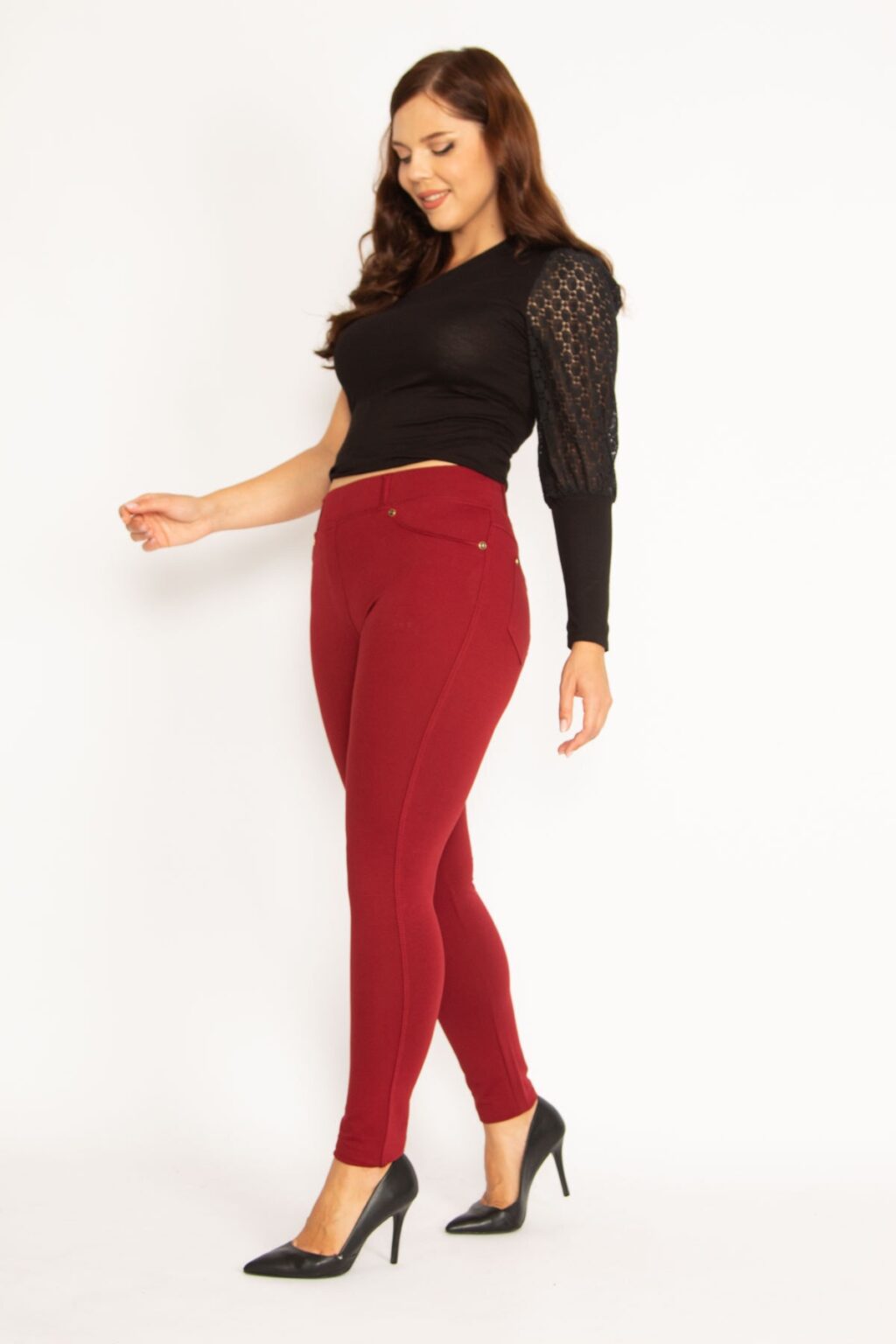 Şans Women's Large Size Claret Red Leggings With Front Ornamental Pocket And Back Pocket