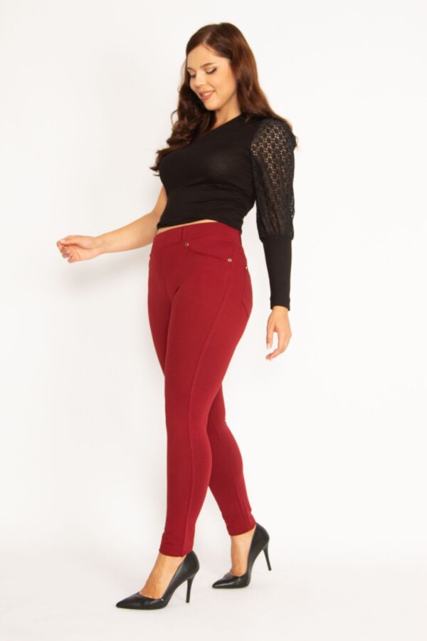 Şans Women's Large Size Claret Red Leggings With Front Ornamental Pocket And Back Pocket