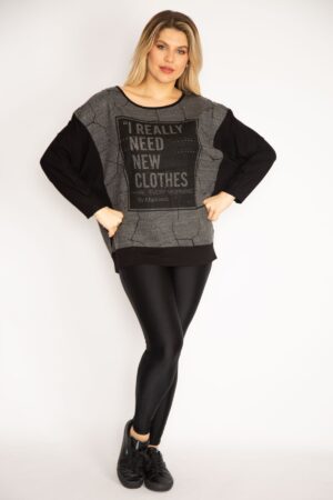 Şans Women's Plus Size Black Print Detailed Two Color Tunic
