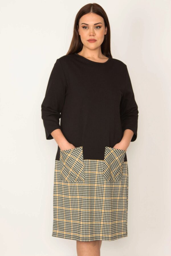 Şans Women's Plus Size Black Skirt Checked Patterned Pocket Dress
