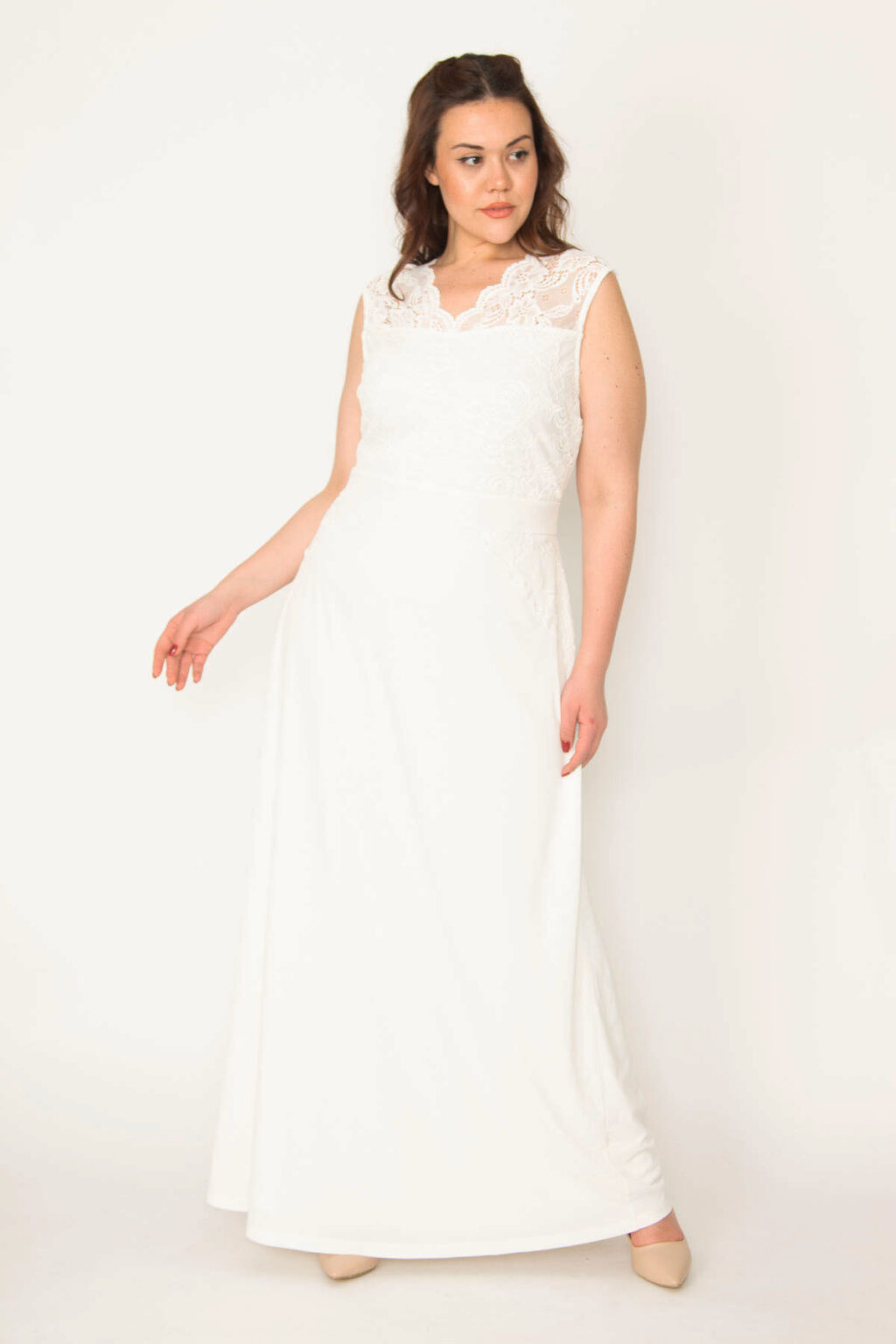 Şans Women's Plus Size Bone Lace Detail Lined Long Dress