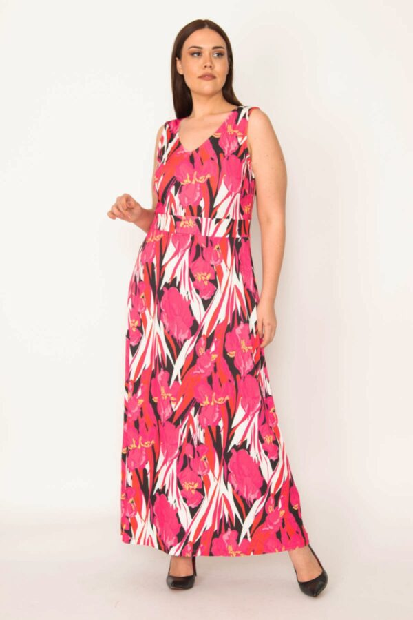 Şans Women's Plus Size Fujiya V-Neck Long Colored Dress