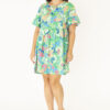 Şans Women's Plus Size Green Crew Neck Detailed Tunic Dress with Ruffles at the waist and voluminous sleeves