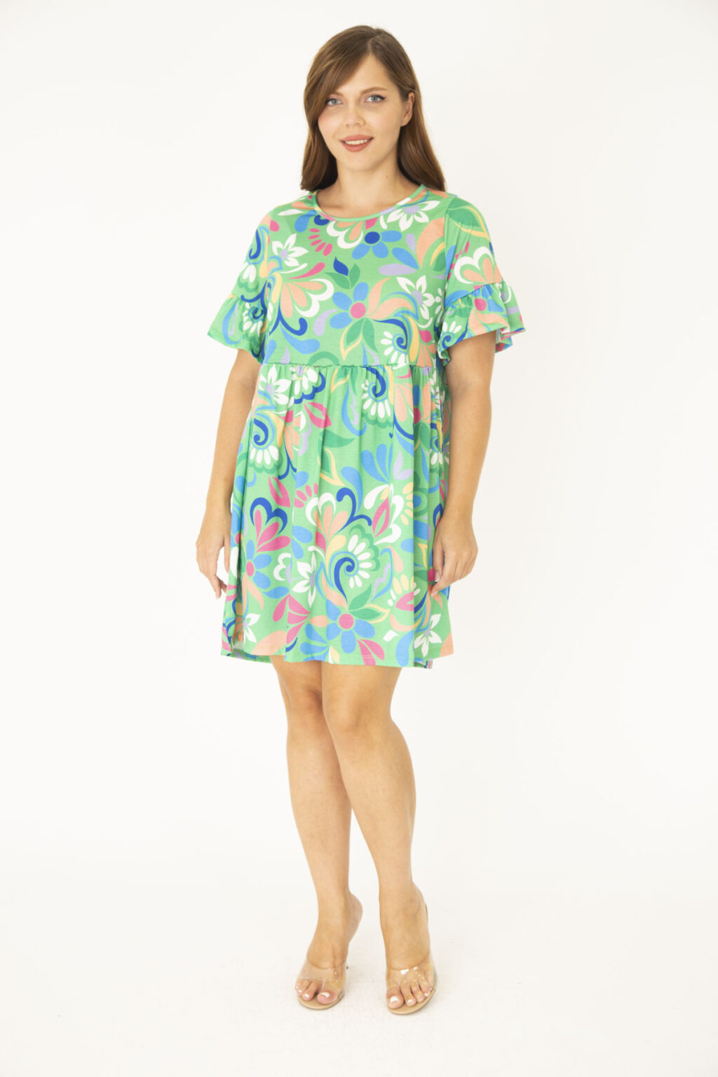 Şans Women's Plus Size Green Crew Neck Detailed Tunic Dress with Ruffles at the waist and voluminous sleeves