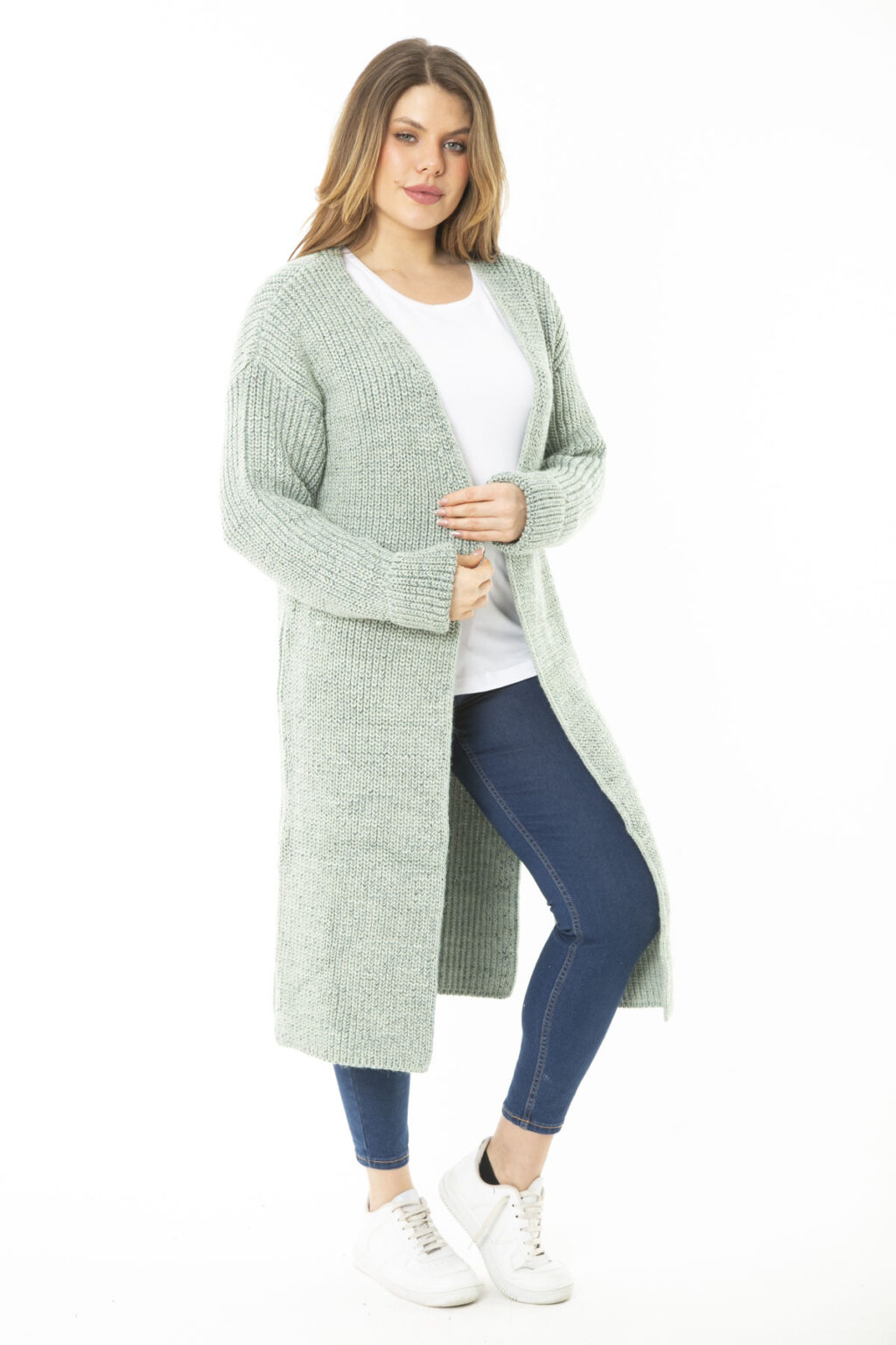 Şans Women's Plus Size Green Long Cardigan with Slits
