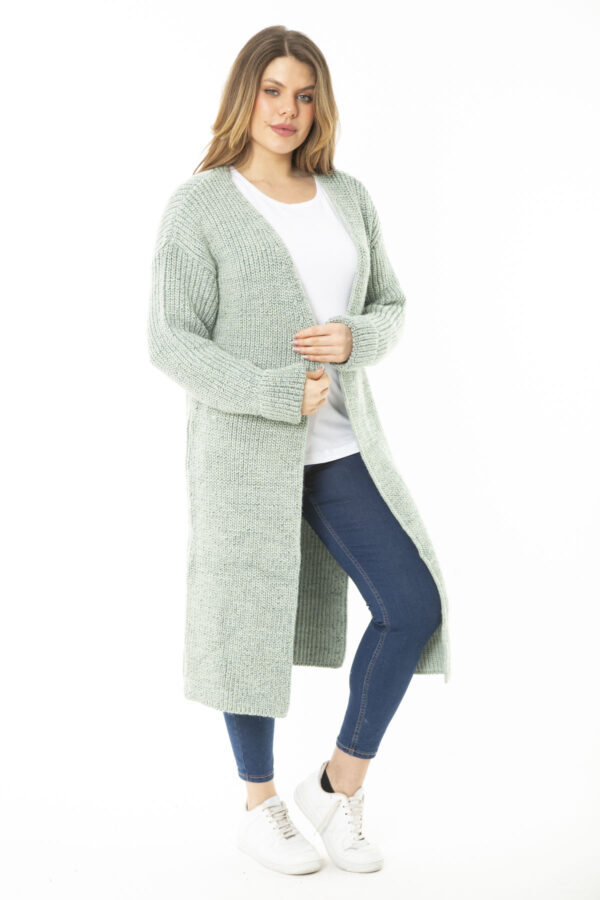 Şans Women's Plus Size Green Long Cardigan with Slits