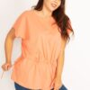Şans Women's Plus Size Orange Tunic Lace-Up Low Sleeve Tunic