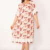 Şans Women's Plus Size Pink Dress With Elastic Collar and Lace Detail