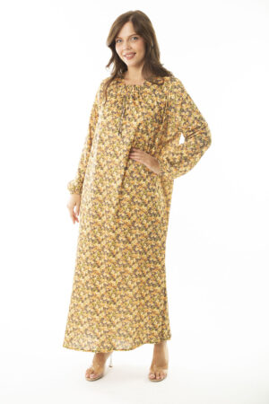 Şans Women's Plus Size Saffron Collar Gathered And Elastic Elastic Detail Long Dress