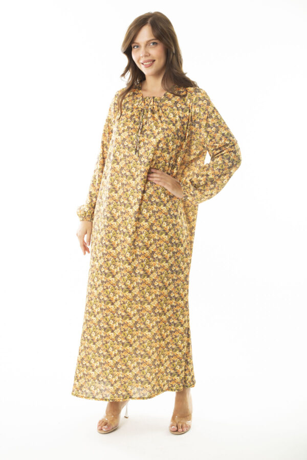Şans Women's Plus Size Saffron Collar Gathered And Elastic Elastic Detail Long Dress