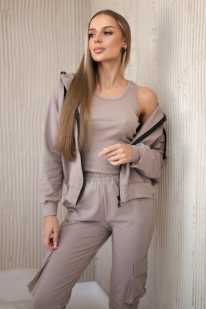 Set 3in1 sweatshirt + top + pants dark beige