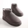 Shoeberry Women's Grey Furry Short Suede Flat Boots Grey Textile