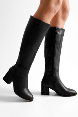Shoeberry Women's Kiella Black Skin Heeled Boots