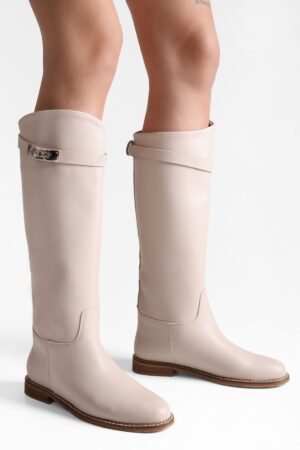 Shoeberry Women's Larissa Beige Skin Buckle Riding Boots Beige Skin