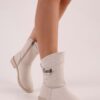 Shoeberry Women's Mayslie Beige Suede Buckled Flat Heeled Boots Beige Suede.