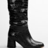 Shoeberry Women's Nollie Black Crocodile Heeled Gusseted Boots