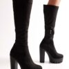 Shoeberry Women's Round Black Suede Platform Heels