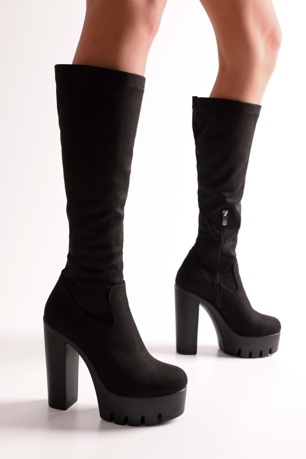 Shoeberry Women's Round Black Suede Platform Heels