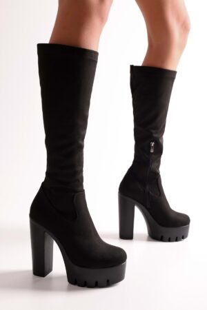 Shoeberry Women's Round Black Suede Platform Heels