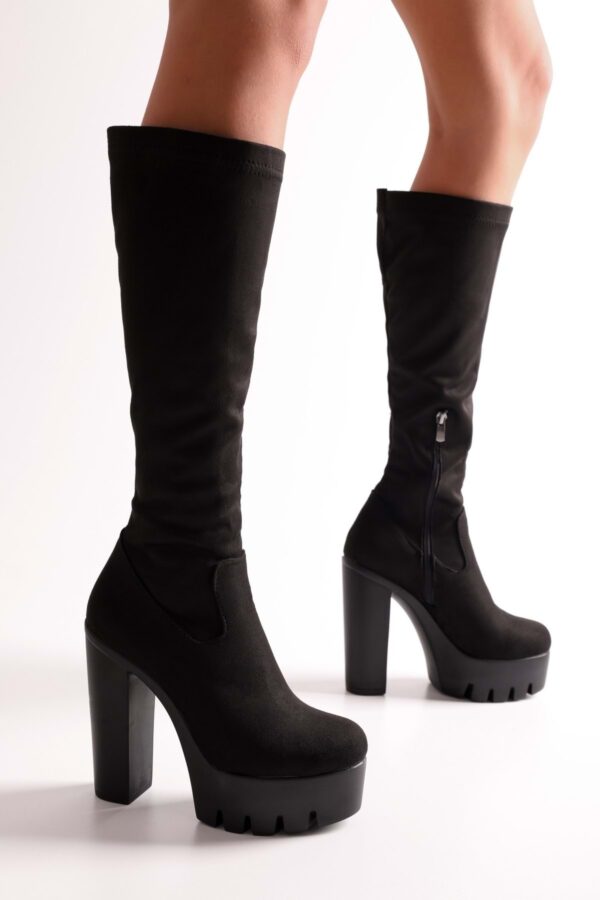 Shoeberry Women's Round Black Suede Platform Heels