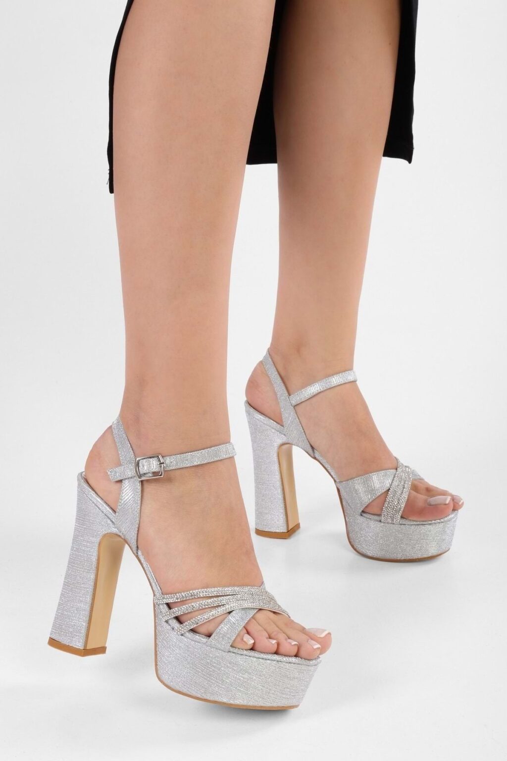 Shoeberry Women's Zulu Silver Glitter Stone Platform Heeled Shoes