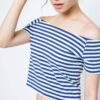 Short blouse with neckline carmen white with navy stripes