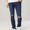 Slim Fit Knee Cut Denim Pants Dark Blue