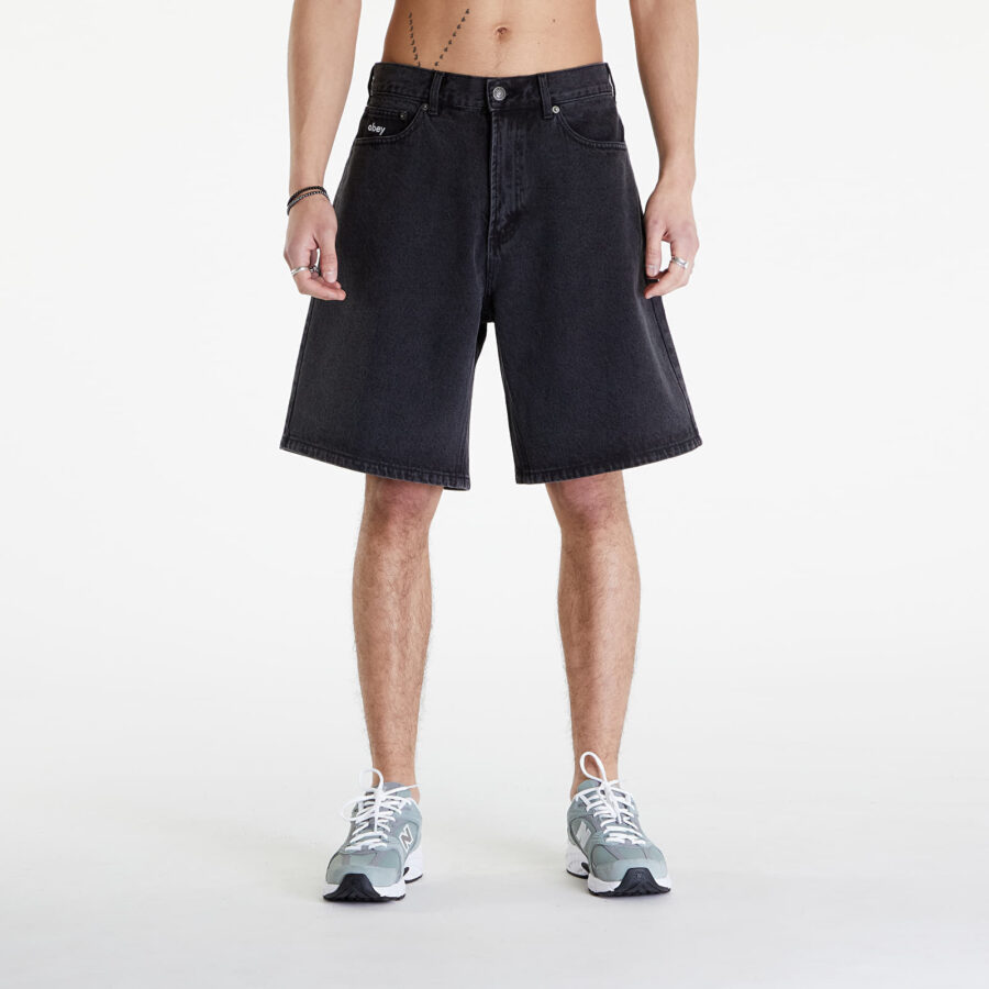 Sort OBEY Bigwig Baggy Denim Short Faded Black W36-alacsony-ár