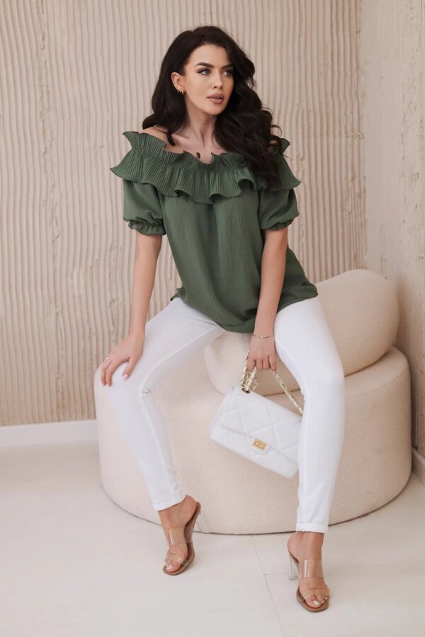 Spanish blouse with decorative khaki ruffle