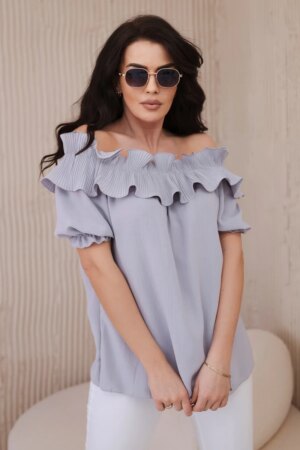 Spanish blouse with decorative ruffle in gray color