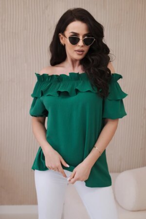 Spanish blouse with decorative ruffle in green color