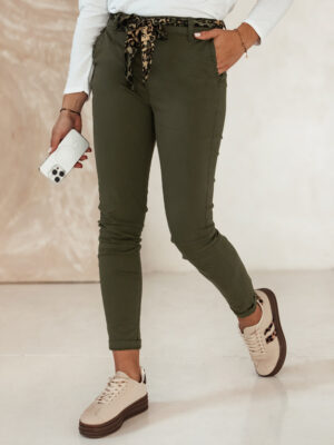 Spodnie damskie CHARMYOU jeansowe z paskiem oliwkowe Dstreet