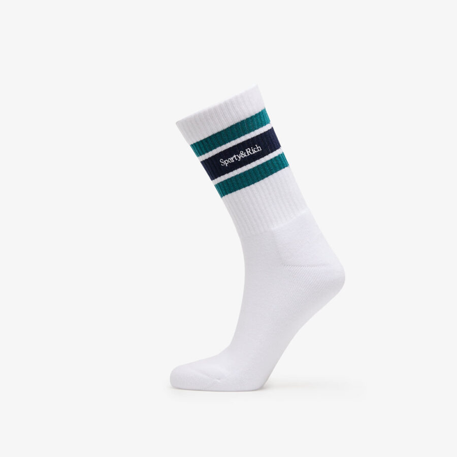 Sporty & Rich Serif Logo Striped Socks UNISEX White/ Alpine/ White Universal-alacsony-ár
