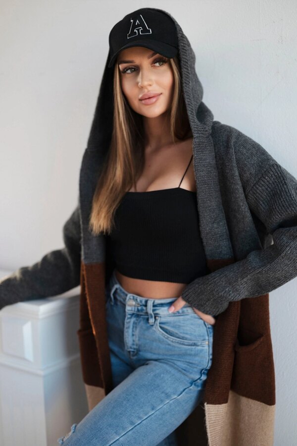Striped hooded sweater graphite+brown+camel