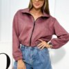 Suede sweatshirt with a zip dark pink